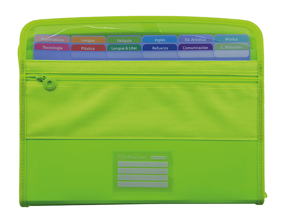 CARPETA CLASIFICADORA OFFICE BOX COLORLINE A4+ PP 12 DPTOS.LOMO 40 MM CIERRE CREMALLERA BORDES TELA COLORES SURTIDOS