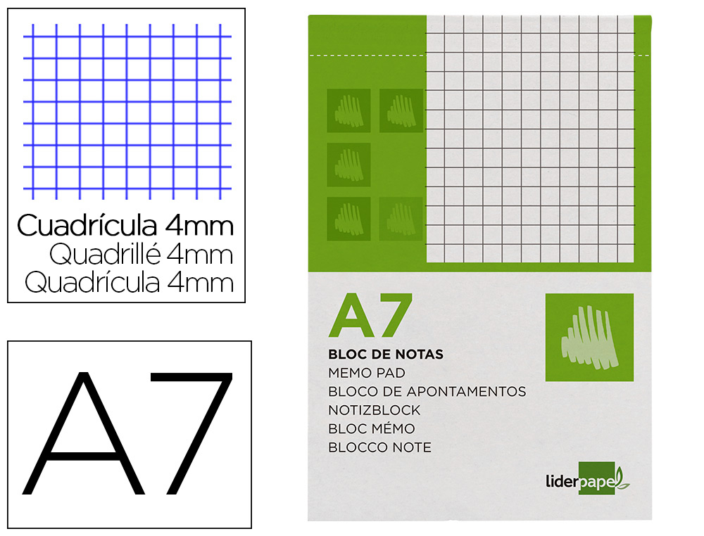 BLOC NOTAS LIDERPAPEL CUADRO 4MM A7 80 HOJAS 60G/M2 PERFORADO