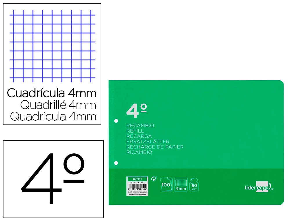 RECAMBIO LIDERPAPEL CUARTO APAISADO 100 H 2TCA-01 CUADRO 4 MM 2 TALADROS CON MARGEN