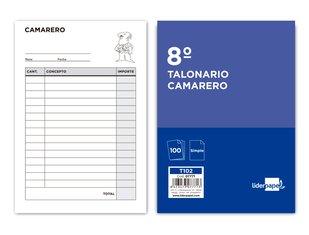 TALONARIO LIDERPAPEL CAMARERO OCTAVO SIN IVA 102