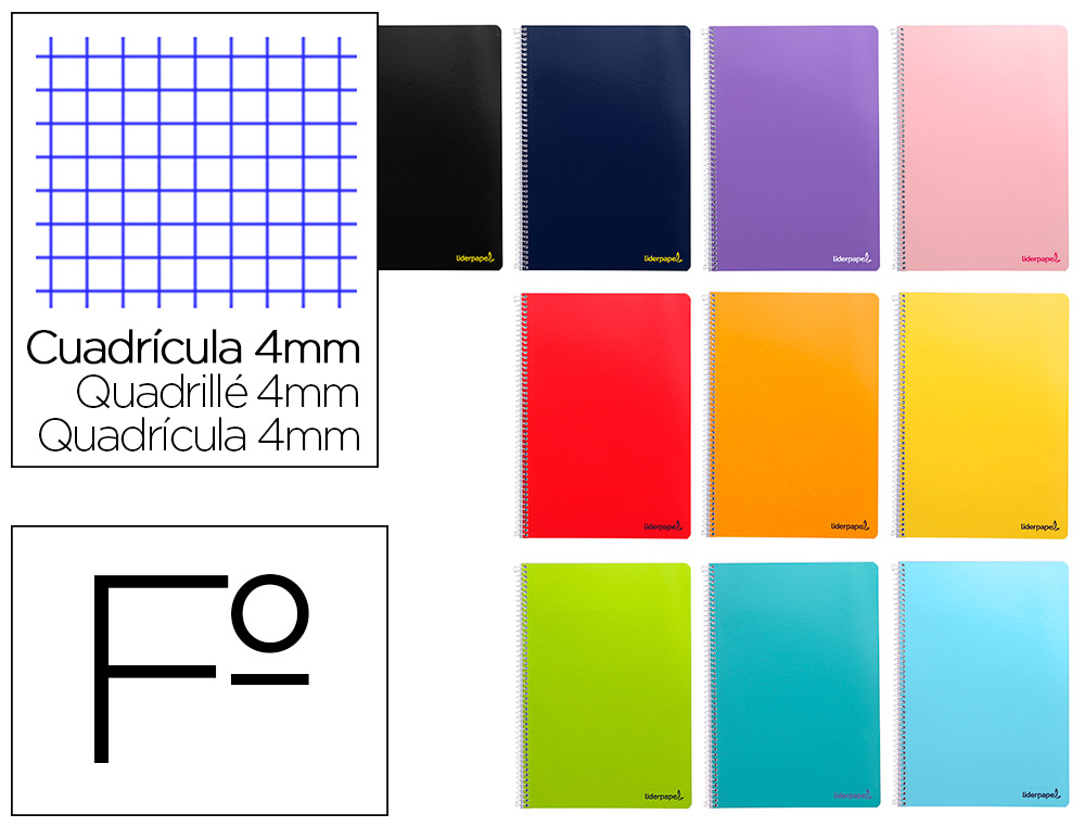 CUADERNO ESPIRAL LIDERPAPEL FOLIO SMART TAPA BLANDA 80H 60GR CUADRO 4MM CON MARGEN COLORES SURTIDOS