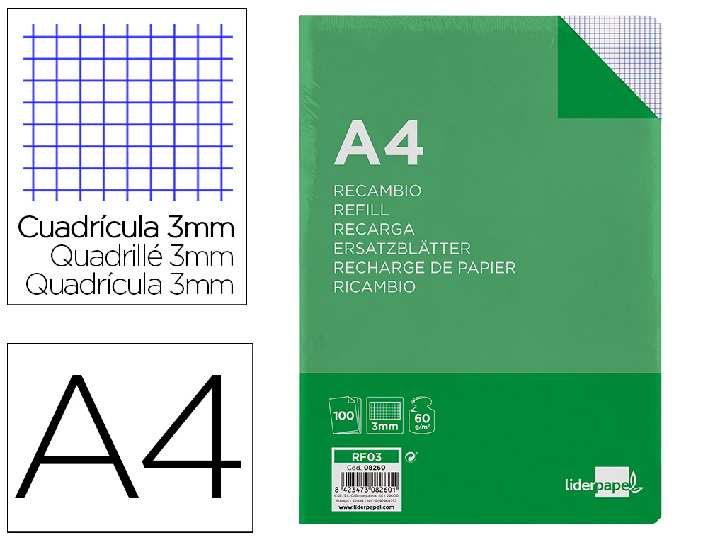 RECAMBIO LIDERPAPEL A4 100 HOJAS 60G/M2 CUADRO 3 MM CON MARGEN 4 TALADROS