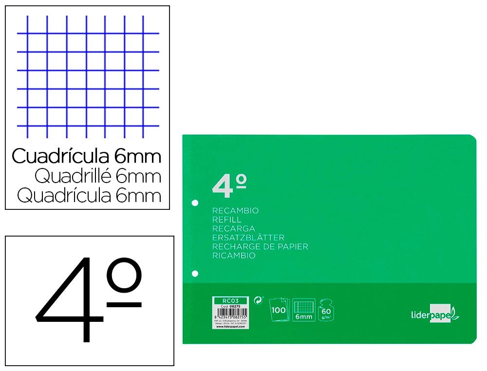 RECAMBIO LIDERPAPEL CUARTO APAISADO 100 H 2TCA-07 CUADRO 6 MM 2 TALADROS CON MARGEN