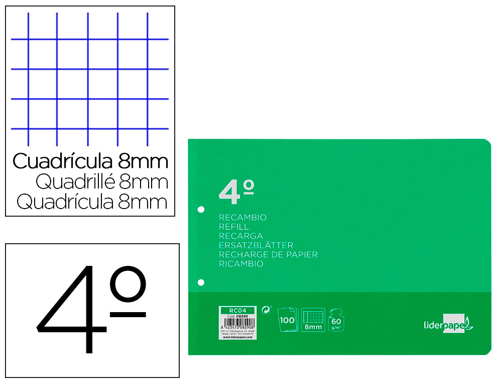 RECAMBIO LIDERPAPEL CUARTO APAISADO 100 H 2TCA-08 CUADRO 8 MM 2 TALADROS CON MARGEN
