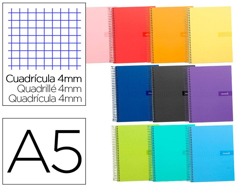 CUADERNO ESPIRAL LIDERPAPEL A5 CRAFTY TAPA FORRADA 80H 90 GR CUADRO 4MM CON MARGEN COLORES SURTIDOS