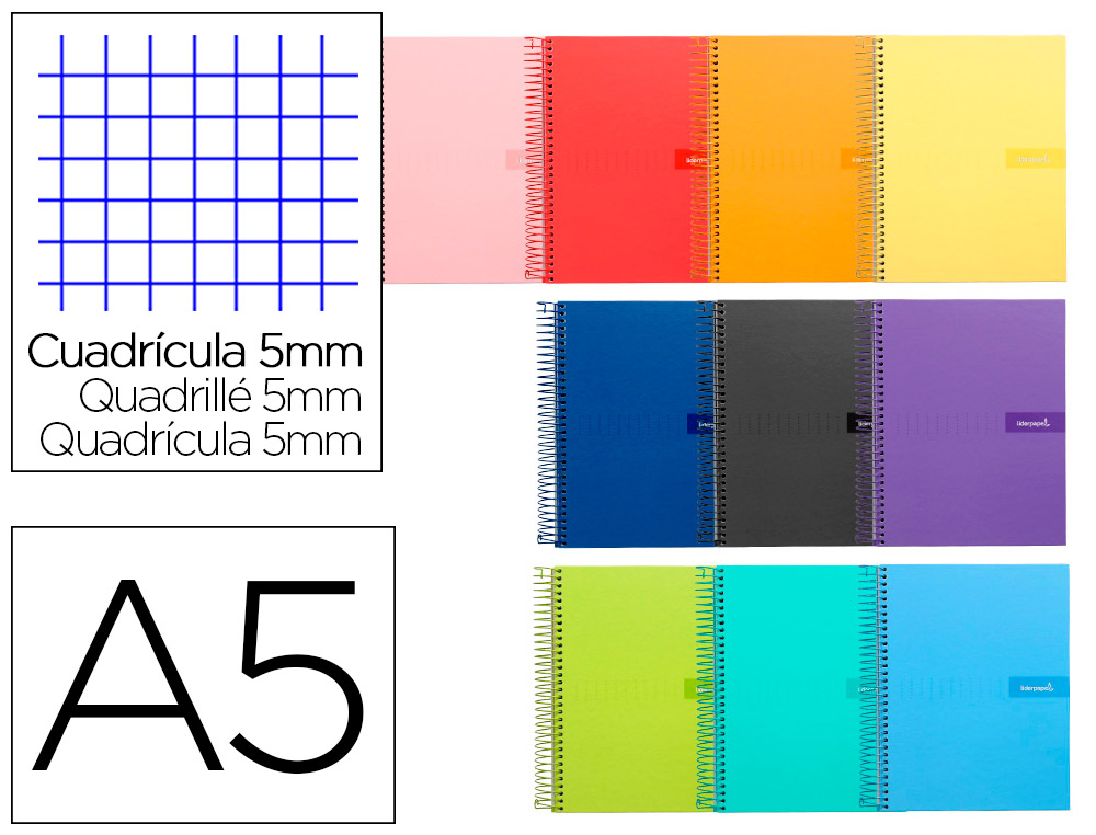 CUADERNO ESPIRAL LIDERPAPEL A5 CRAFTY TAPA FORRADA 80H 90 GR CUADRO 5MM CON MARGEN COLORES SURTIDOS