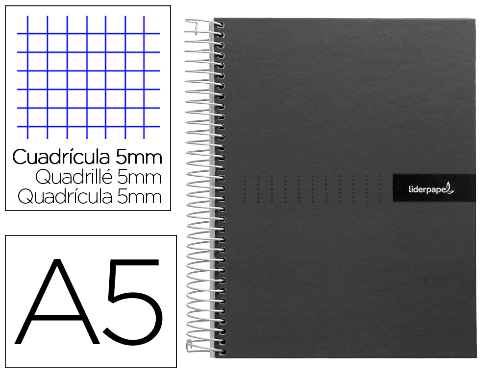 CUADERNO ESPIRAL LIDERPAPEL A5 MICRO CRAFTY TAPA FORRADA 120H 90 GR CUADRO 5MM 5 BANDAS6 TALADROS COLOR NEGRO