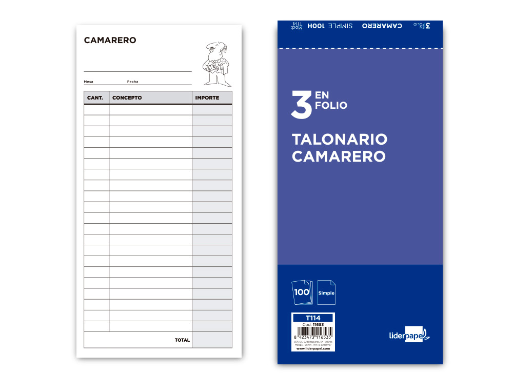 TALONARIO LIDERPAPEL CAMARERO 3/F ORIGINAL T114