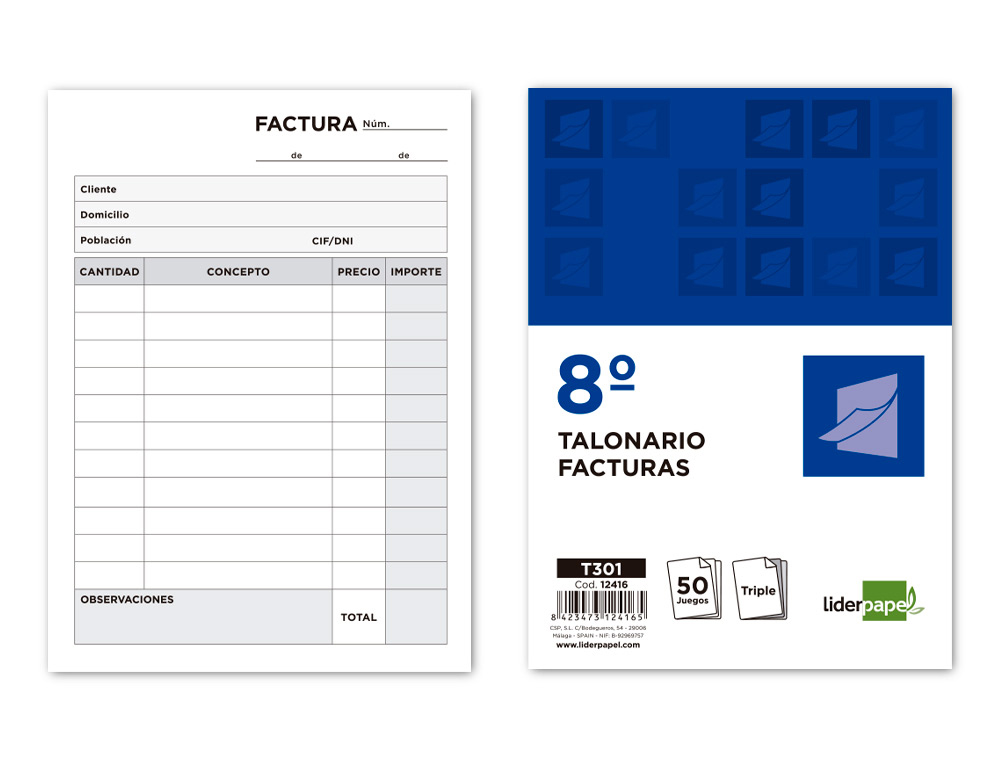 TALONARIO LIDERPAPEL FACTURAS 8 ORIGINAL Y 2 COPIAS T301 SIN I.V.A.