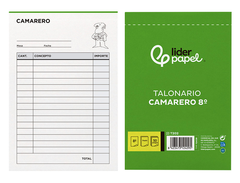 TALONARIO LIDERPAPEL CAMARERO 8 ORIGINAL Y COPIA T202