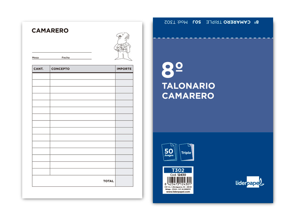 TALONARIO LIDERPAPEL CAMARERO 8 ORIGINAL Y 2 COPIAS T302