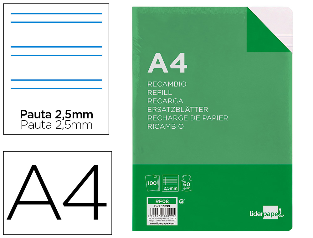 RECAMBIO LIDERPAPEL A4 100 HOJAS 60G/M2 PAUTA 5 2.5MM CON MARGEN 4 TALADROS