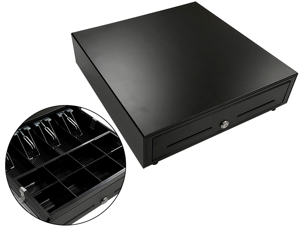 CAJON PORTAMONEDAS 8 MONEDEROS 4 BILLETEROS APERTURA ELECTRICA NEGRO 410X415X110 MM