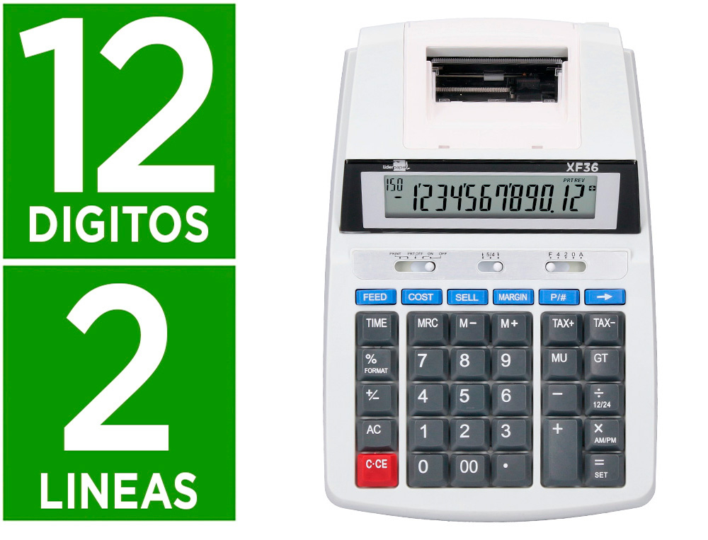 CALCULADORA LIDERPAPEL IMPRESORA PANTALLA PAPEL 57 MM 12 DIGITOS IMPRESION BICOLOR BLANCA 235X155X62 MM