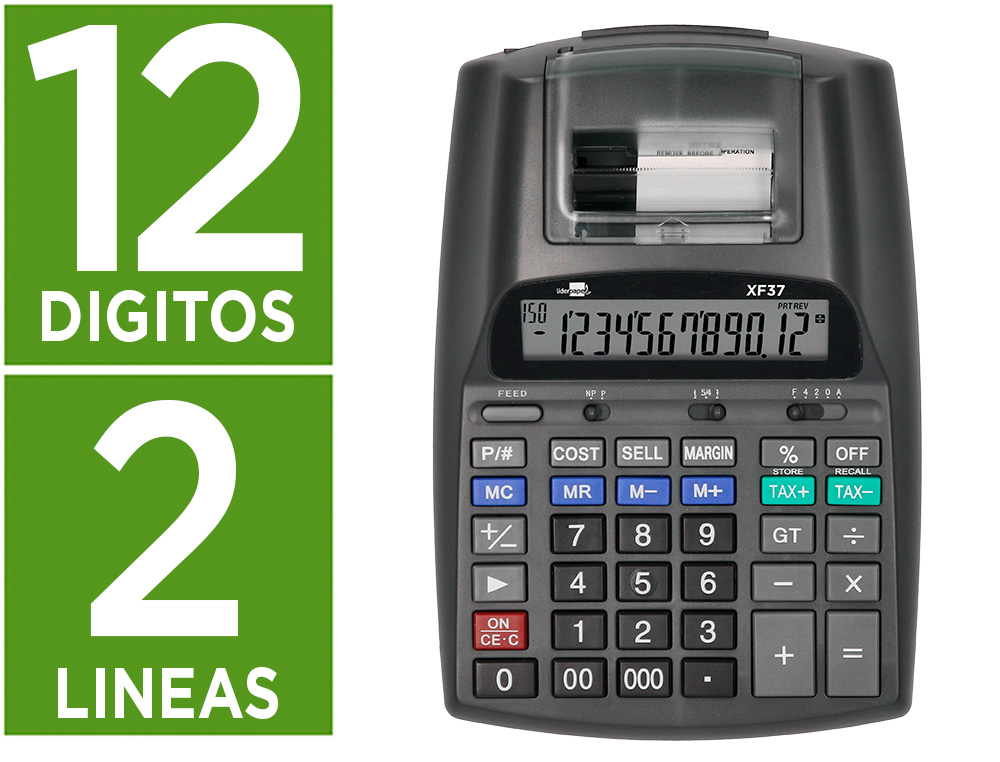 CALCULADORA LIDERPAPEL IMPRESORA PANTALLA PAPEL 57 MM 12 DIGITOS IMPRESION BICOLOR NEGRA 225X158X56 MM