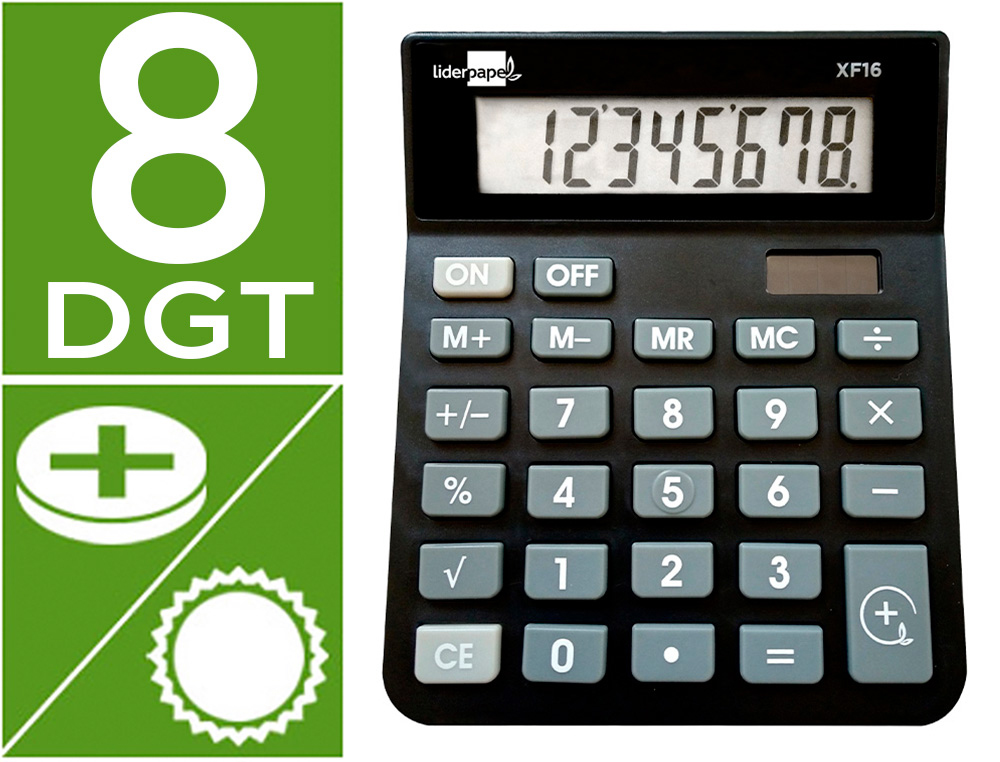 CALCULADORA LIDERPAPEL SOBREMESA XF16 8 DIGITOS SOLAR Y PILAS COLOR NEGRO 127X105X24 MM