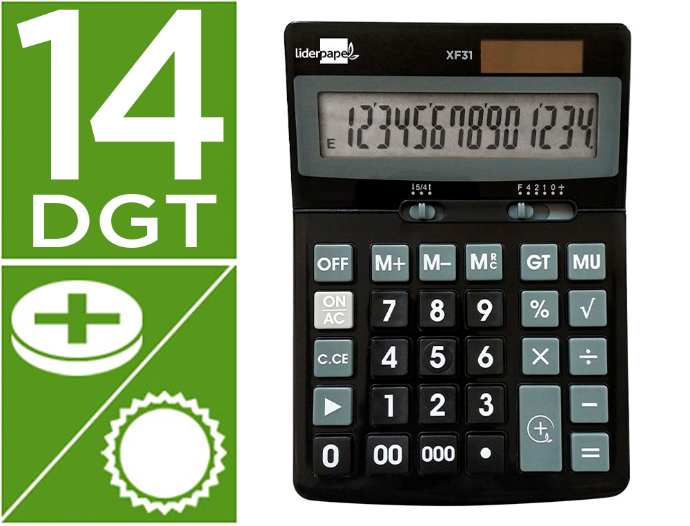 CALCULADORA LIDERPAPEL SOBREMESA XF31 14 DIGITOS SOLAR Y PILAS COLOR NEGRO 170X122X35 MM