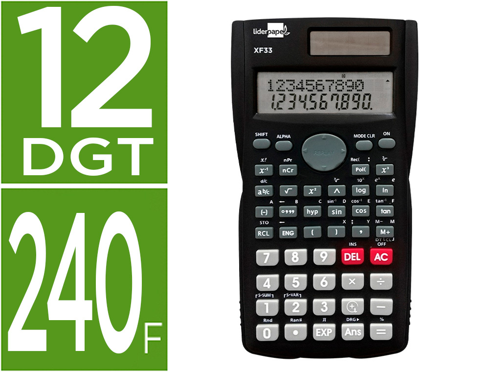 CALCULADORA LIDERPAPEL CIENTIFICA XF33 12 DIGITOS 240 FUNCIONES CON TAPA SOLAR Y PILAS COLOR NEGRO 156X85X20