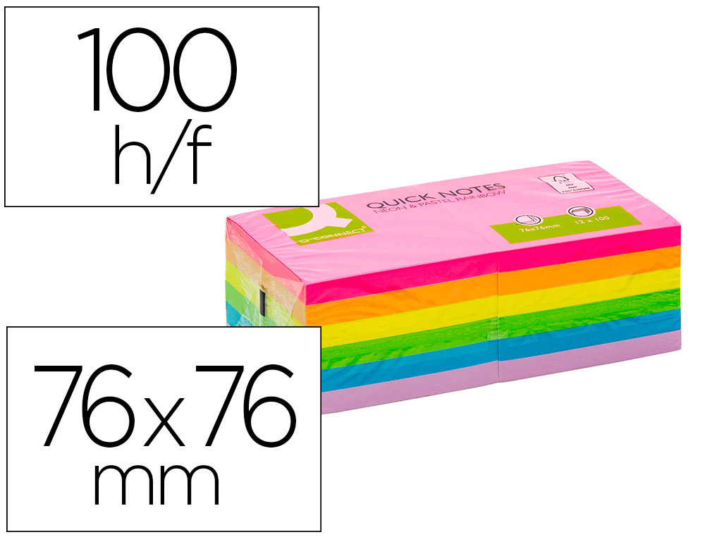 BLOC DE NOTAS ADHESIVAS QUITA Y PON Q-CONNECT 76X76 MM FSC COLORES NEON Y PASTEL SURTIDOS