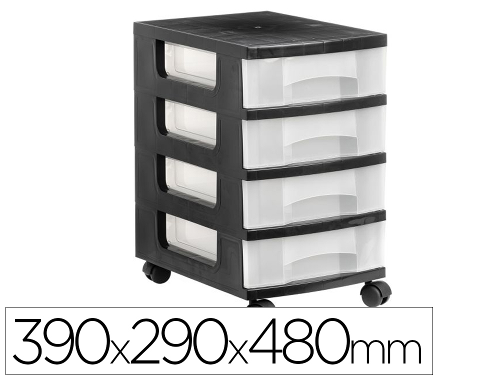 CAJONERA ARCHIVO 2000 4 CAJONES TRANSPARENTE CARCASA NEGRA 6 LITROS CON RUEDAS 390X290X480 MM
