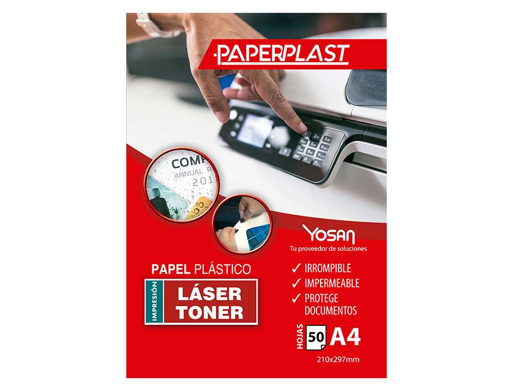 PAPEL PLASTICO YOSAN PAPERPLAST POLIESTER BLANCO BRILLO DIN A4 120 MC IMPRIMIBLE PAQUETE DE 50 HOJAS