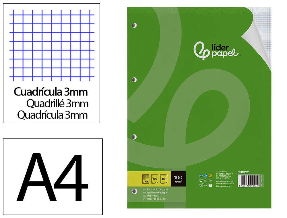 RECAMBIO LIDERPAPEL A4 100 HOJAS 100G/M2 CUADRO 3MM CON MARGEN 4 TALADROS