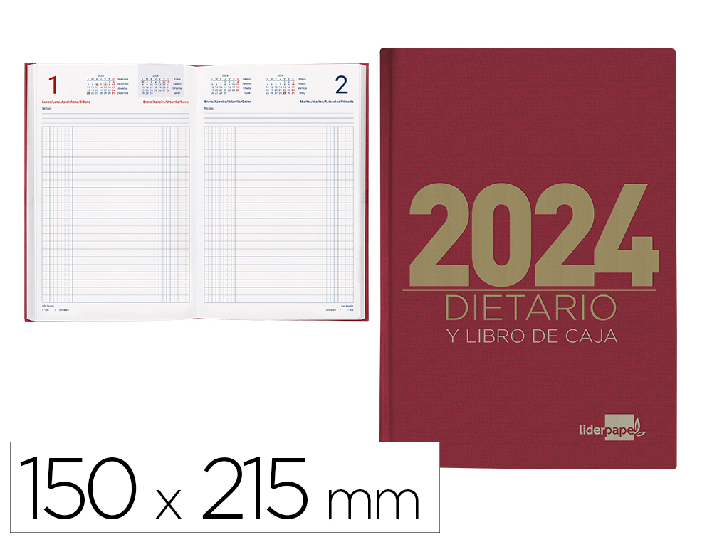 DIETARIO LIDERPAPEL 15X21,5 CM 2024 CUARTO COLOR ROJO PAPEL 70 GR