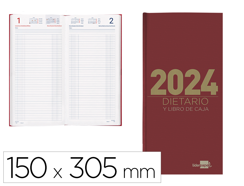 DIETARIO LIDERPAPEL 15X30,5CM 2024 DOS TERCIOS COLOR ROJO PAPEL 70 GR
