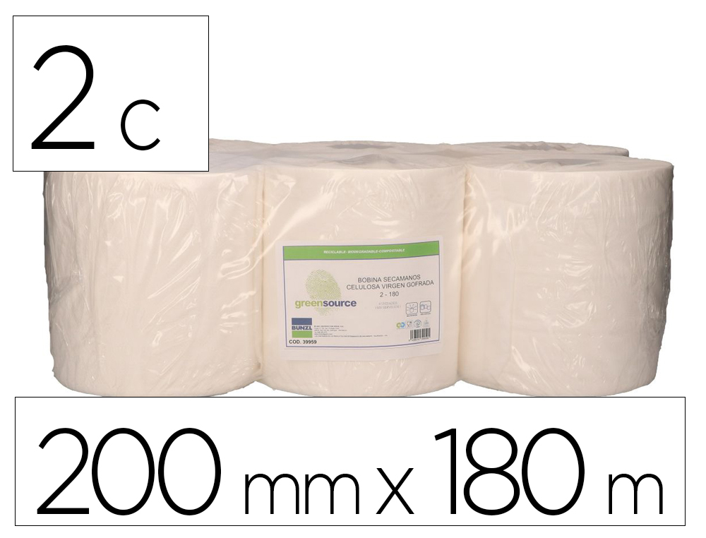 PAPEL SECAMANOS BUNZL GREENSOURCE 2 CAPAS CELULOSA BLANCA 200 MM X 180 MT PAQUETE DE 6 ROLLOS
