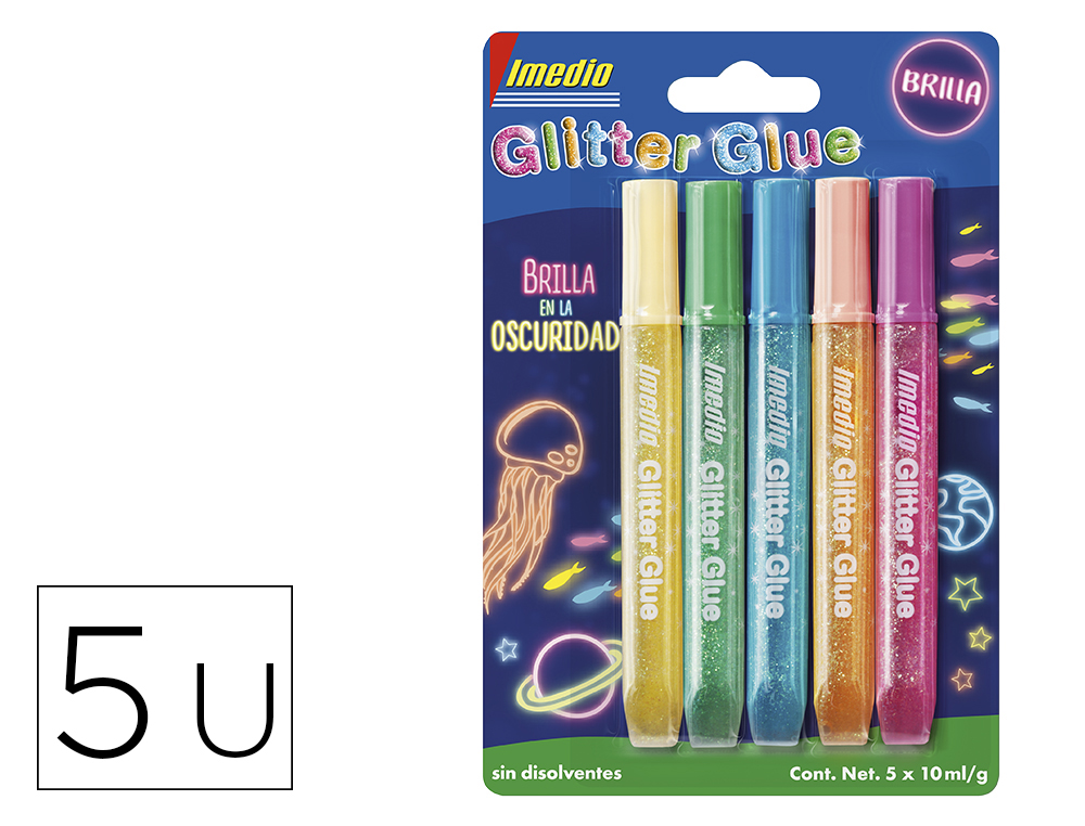 PEGAMENTO IMEDIO GLITTER GLUE BRILLA EN LA OSCURIDAD PARA MANUALIDADES 10 ML BLISTER DE 5 UNIDADES COLORES SURTIDOS