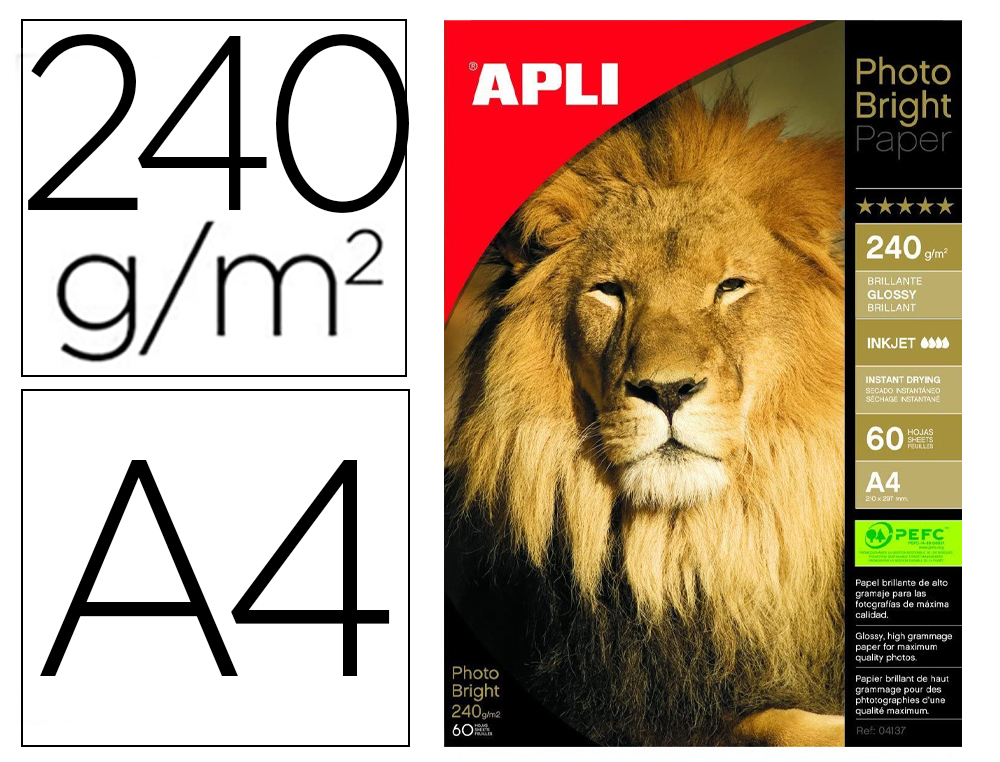 PAPEL FOTOGRAFICO APLI GLOSSY DIN A4 INK-JET 240 GR PACK DE 60 HOJAS