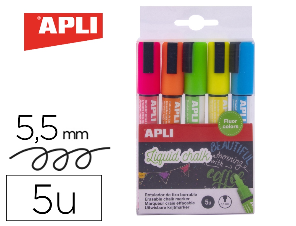 ROTULADOR APLI TIZA LIQUIDA PUNTA REDONDA TRAZO 5,5 MM BLISTER DE 5 UNIDADES COLORES SURTIDOS