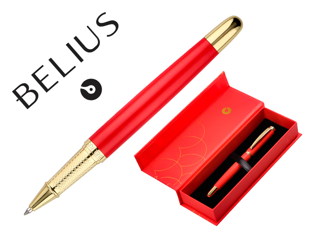 BOLIGRAFO BELIUS PASSION DOR ALUMINIO TEXTURA CEPILLADA COLOR ROJO Y DORADO TINTA AZUL CAJA DE DISEO