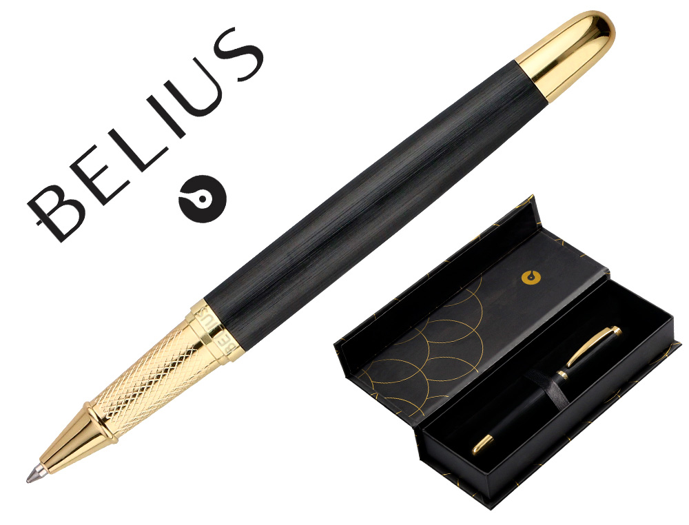 BOLIGRAFO BELIUS PASSION DOR ALUMINIO TEXTURA CEPILLADA COLOR NEGRO Y DORADO TINTA AZUL CAJA DE DISEO
