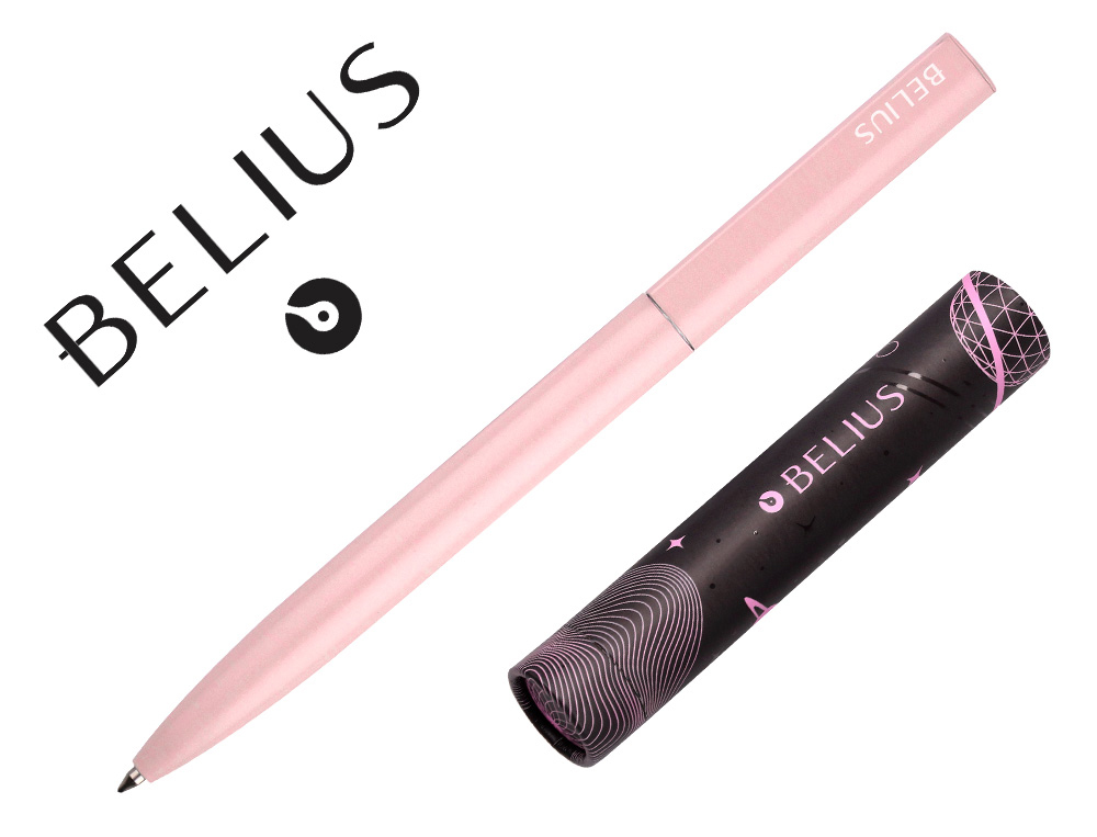 BOLIGRAFO BELIUS ROCKET B ALUMINIO COLOR MINIMALISTA ROSA TINTA AZUL CAJA CILINDRICA