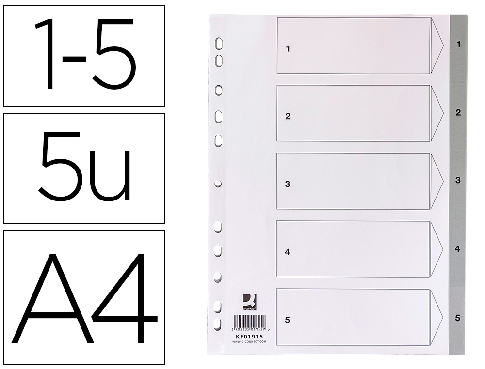 SEPARADOR NUMERICO Q-CONNECT PLASTICO 1-5 JUEGO DE 5 SEPARADORES DIN A4 MULTITALADRO