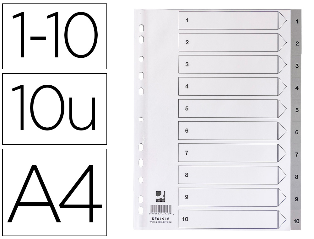 SEPARADOR NUMERICO Q-CONNECT PLASTICO 1-10 JUEGO DE 10 SEPARADORES DIN A4 MULTITALADRO