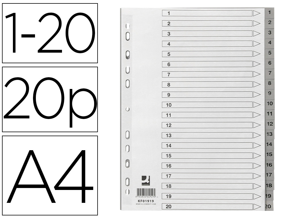 SEPARADOR NUMERICO Q-CONNECT PLASTICO 1-20 JUEGO DE 20 SEPARADORES DIN A4 MULTITALADRO