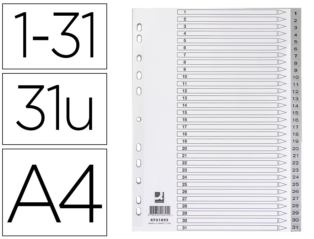 SEPARADOR NUMERICO Q-CONNECT PLASTICO 1-31 JUEGO DE 31 SEPARADORES DIN A4 MULTITALADRO