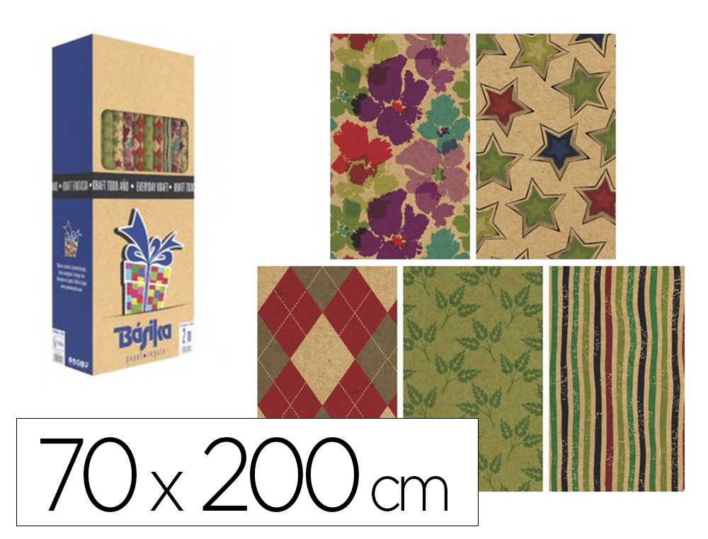 PAPEL DE REGALO BASIKA KRAFT TODO AO ROLLO ANCHO 70 CM LONGITUD 2 M DISEOS SURTIDOS GRAMAJE 50 GR