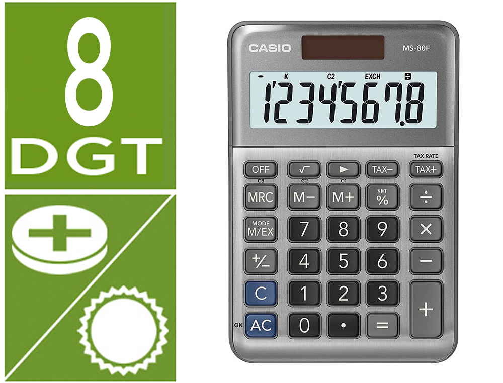 CALCULADORA CASIO MS-80F SOBREMESA 8 DIGITOS TAX +/- COLOR PLATA