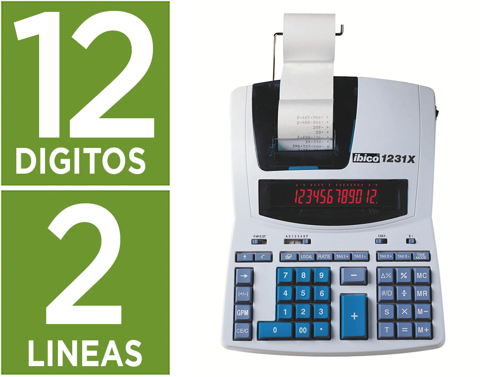 CALCULADORA IBICO 1231X IMPRESORA PANTALLA LCD PAPEL 57 MM 12 DIGITOS 2 COLORES IMPRESION BICOLOR