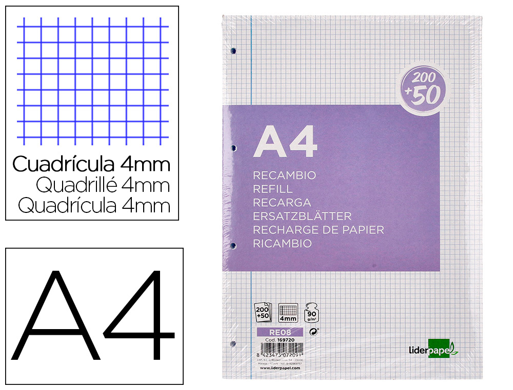 RECAMBIO LIDERPAPEL A4 200+50 HOJAS 90G/M2 CUADRO 4MM CON MARGEN 4 TALADROS