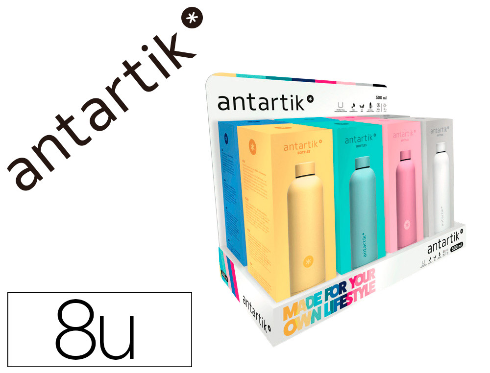 BOTELLA ANTARTIK ISOTERMICA ACERO INOXIDABLE LIBRE DE BPA 500ML EXPOSITOR CON 8 BOTELLAS