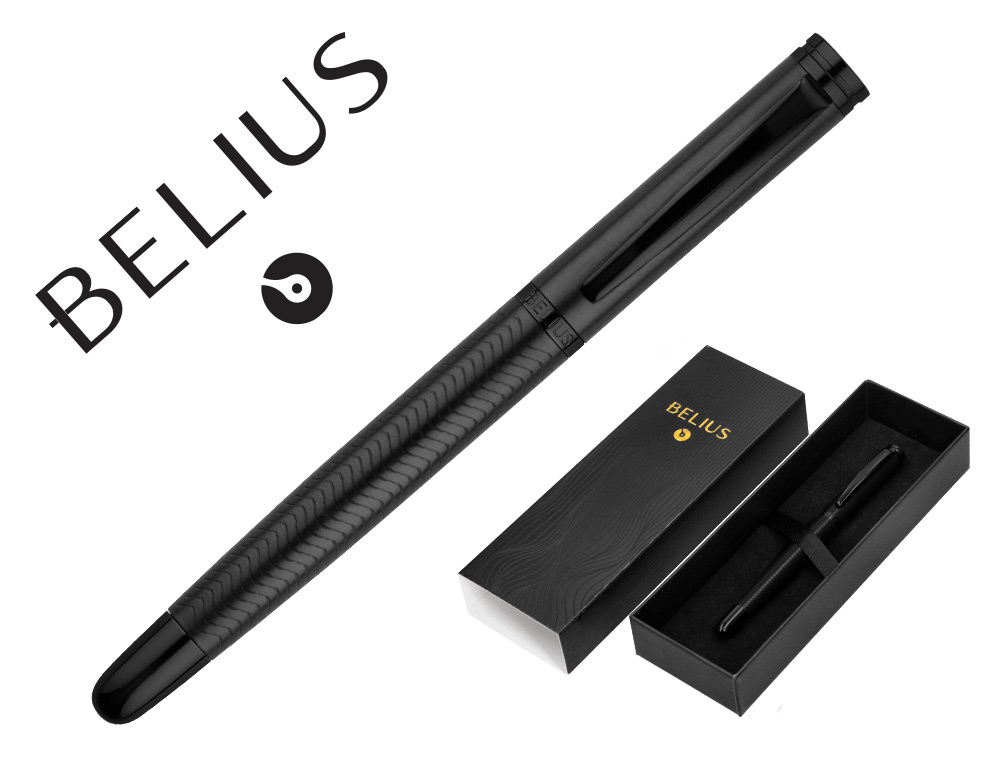 BOLIGRAFO BELIUS NEPTUNO ALUMINIO TEXTURA WAVY COLOR NEGRO TINTA AZUL CAJA DE DISEO