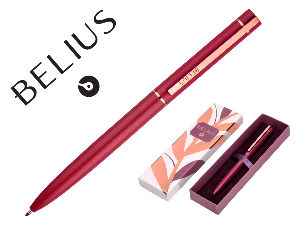 BOLIGRAFO BELIUS ROSE ALUMINIO COLOR BURDEOS ORO ROSA TINTA AZUL CAJA DE DISEO