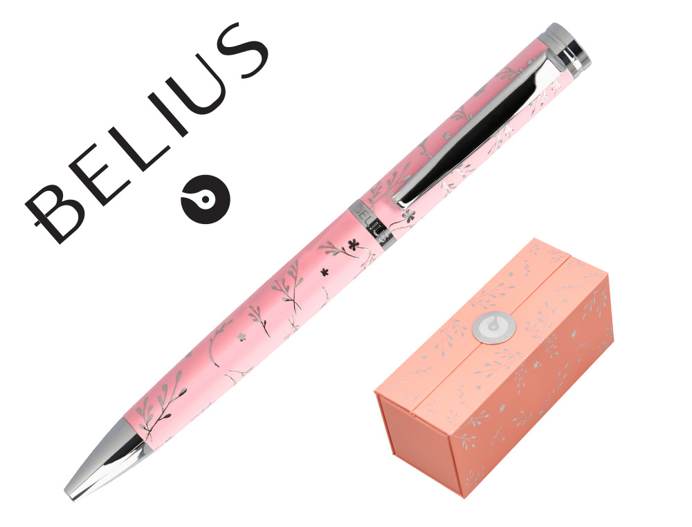 BOLIGRAFO BELIUS BELLA ALUMINIO COLOR ROSA DISEO PLATEADO RELIEVE TINTA AZUL CAJA DE DISEO