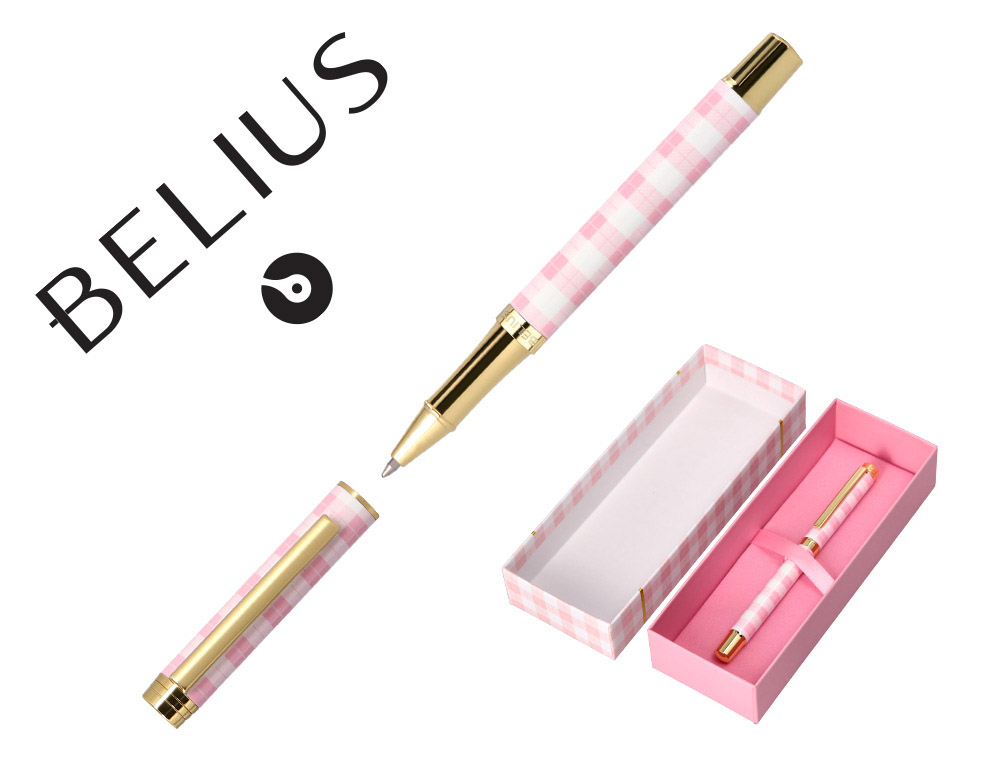 BOLIGRAFO BELIUS PICNIC ALUMINIO COLOR ROSA DORADO TINTA COLOR AZUL CAJA DE DISEO