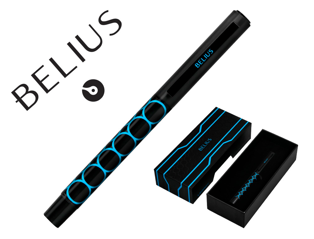 BOLIGRAFO BELIUS LEGACY ALUMINIO DISEO CIRCULOS AZUL CUERPO NEGRO TINTA COLOR AZUL CAJA DE DISEO