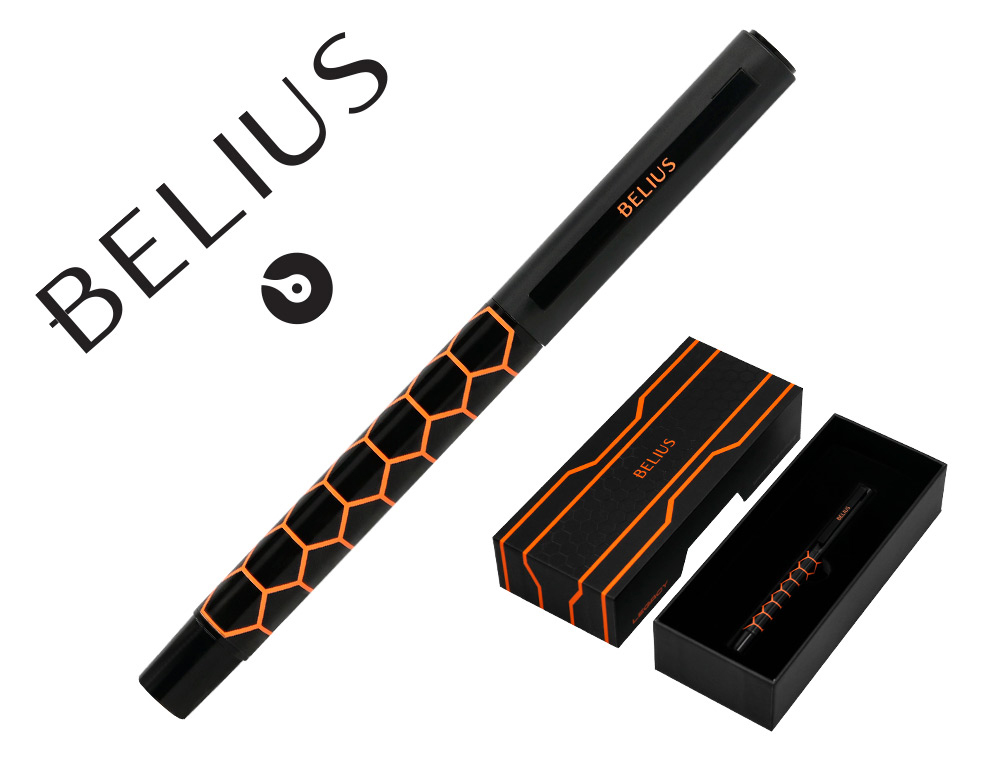 BOLIGRAFO BELIUS LEGACY ALUMINIO DISEO HEXAGONO NARANJA CUERPO NEGRO TINTA COLOR AZUL CAJA DE DISEO